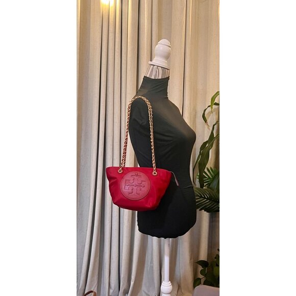 Tory Burch Red Nylon Chain Crossbody Tote With Logo Embossed Patch & Gold Accent - Picture 8 of 11